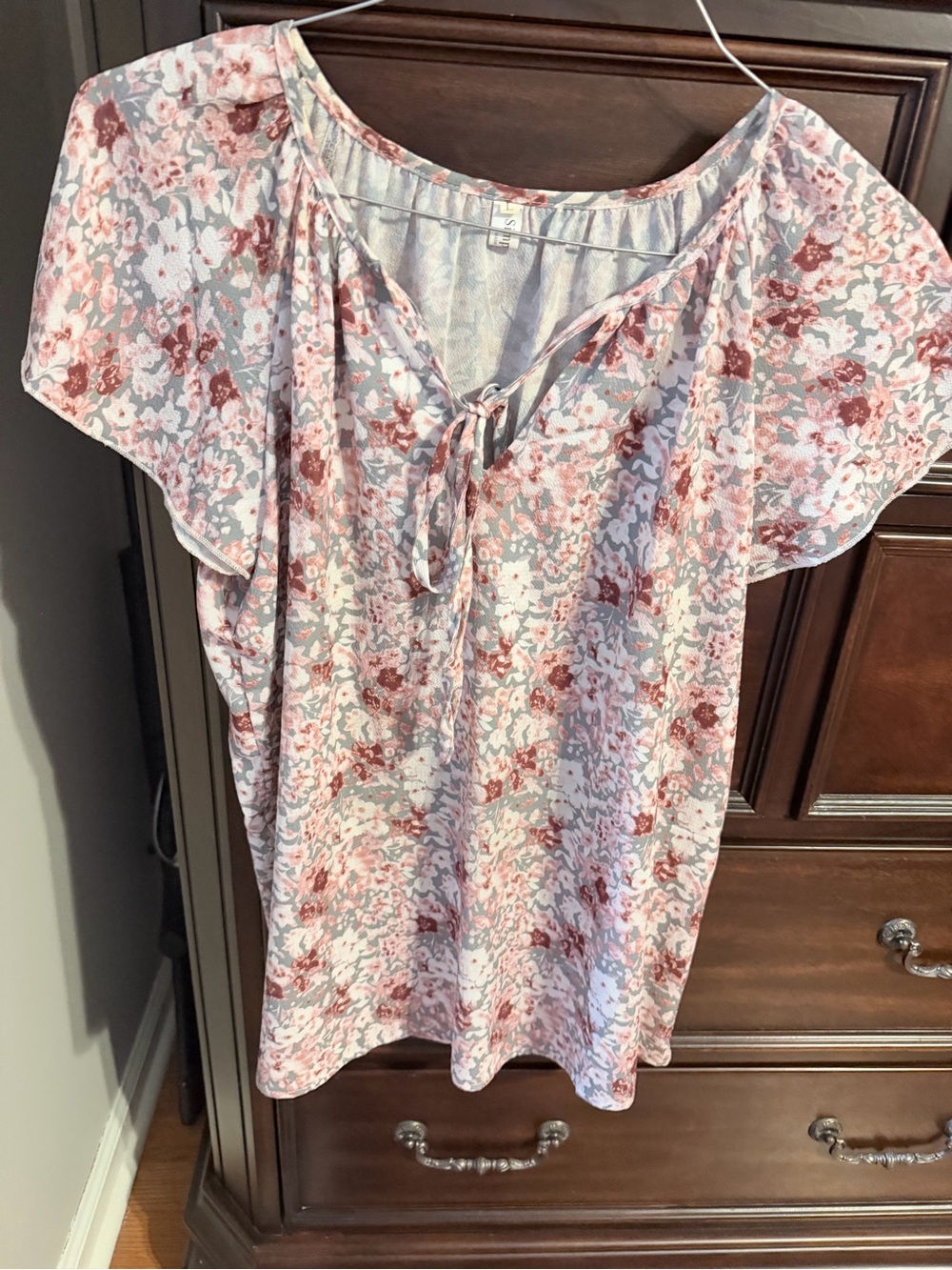 Women's Floral Tie-Neck Blouse in Pink and Rust
